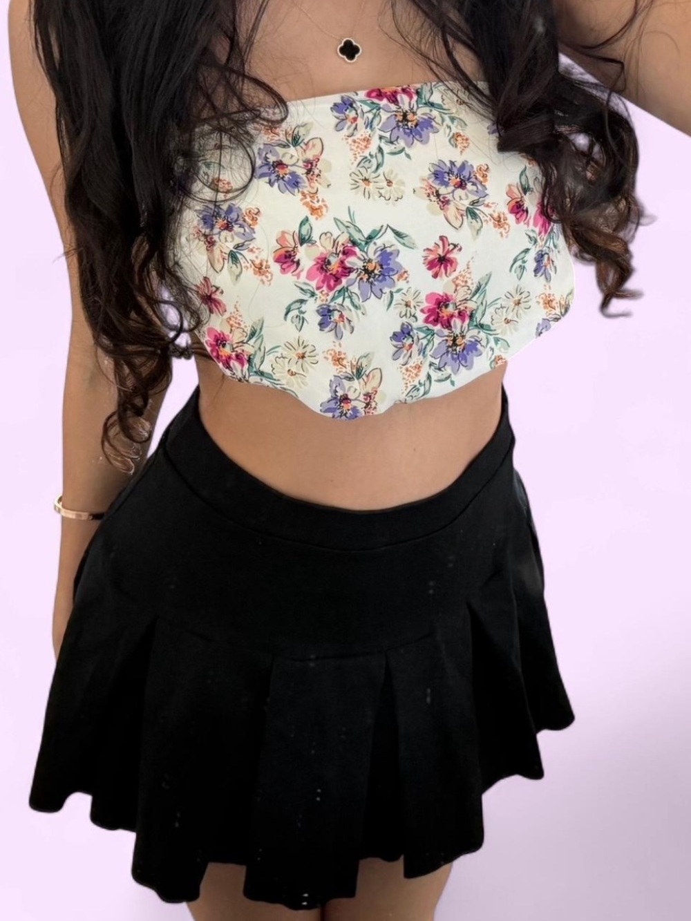 Floral Scalloped Crop Top - White with Pink & Purple Flowers